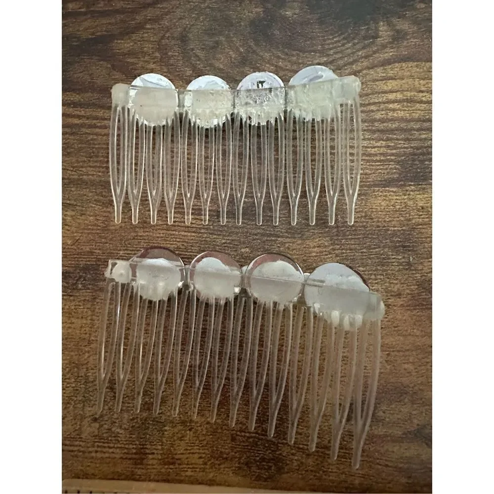 Vintage 1980s Rhinestone and Faux Pearl Clear and Green Side Hair Combs Retro